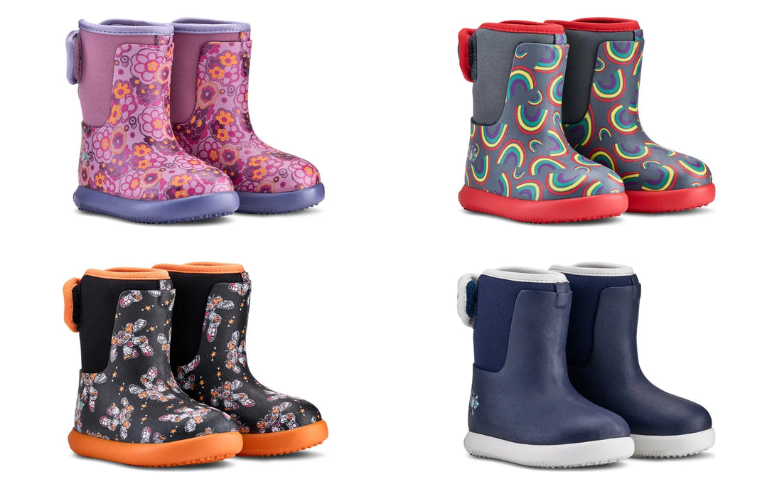 Four pairs of Grubs Muddies SPLISH 4.0 kids barefoot boots on a white background — flower print with lilac sole, rainbow print with red sole, butterfly print with orange sole, and plain indigo with a white sole.