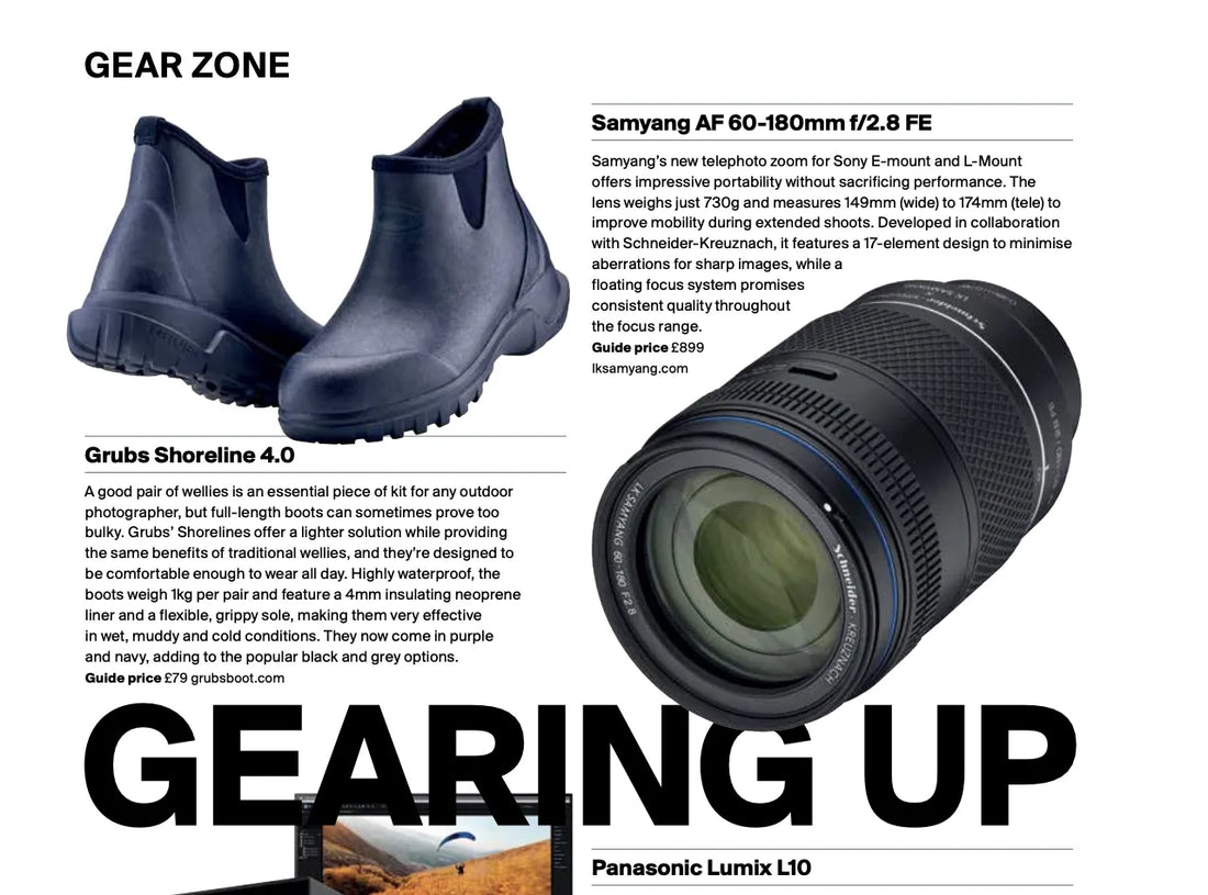 Outdoor Photography magazine's August 2026 "Gearing Up" feature on the Grubs Shoreline 4.0 ankle wellington boots in navy